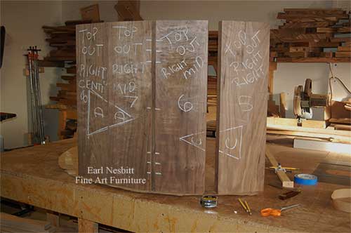 walnut base of this round desk prior to glue up in Earl's shop